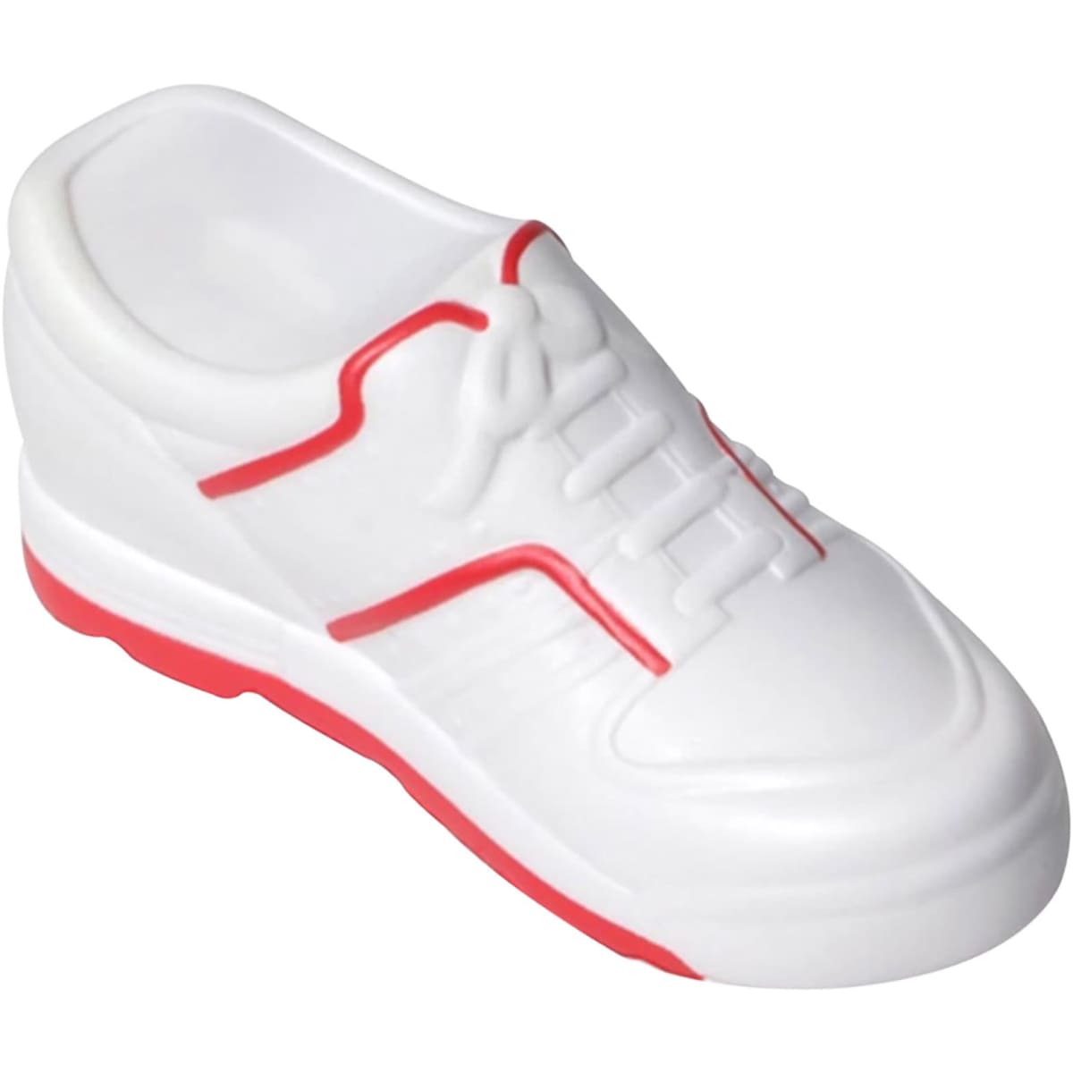 A white stress relief shoe with red accents, featuring detailed laces and a textured sole.