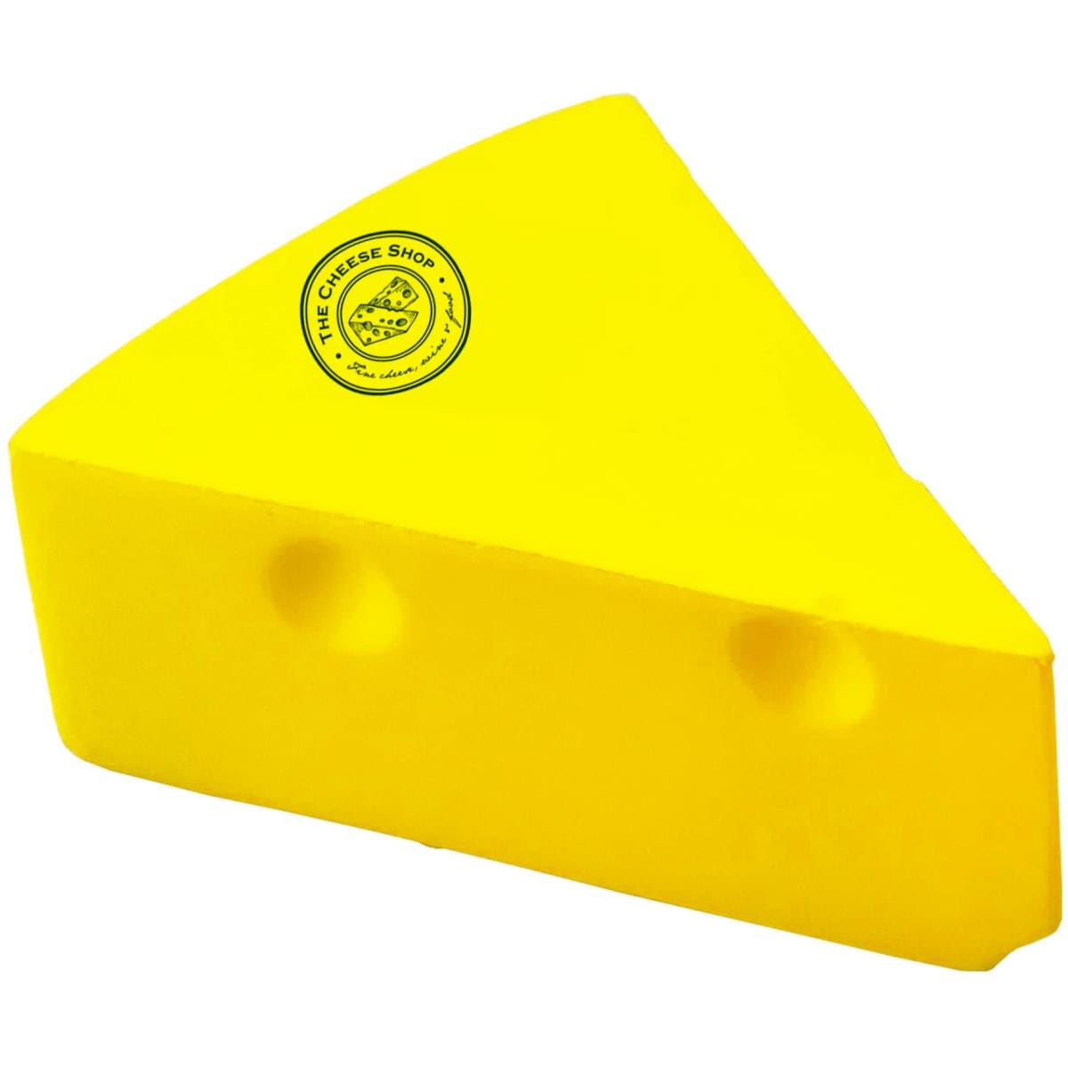 A bright yellow cheese wedge stress toy with a logo, shaped like a piece of cheese.
