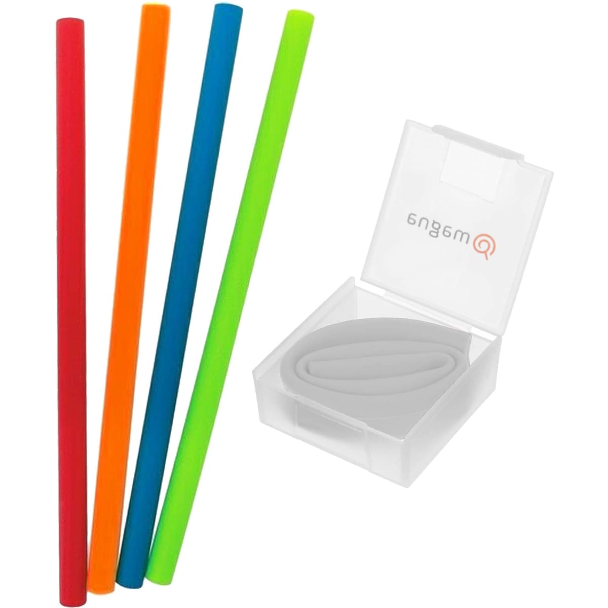A set of four silicone straws in red, orange, blue, and green, housed in a clear case with branding.