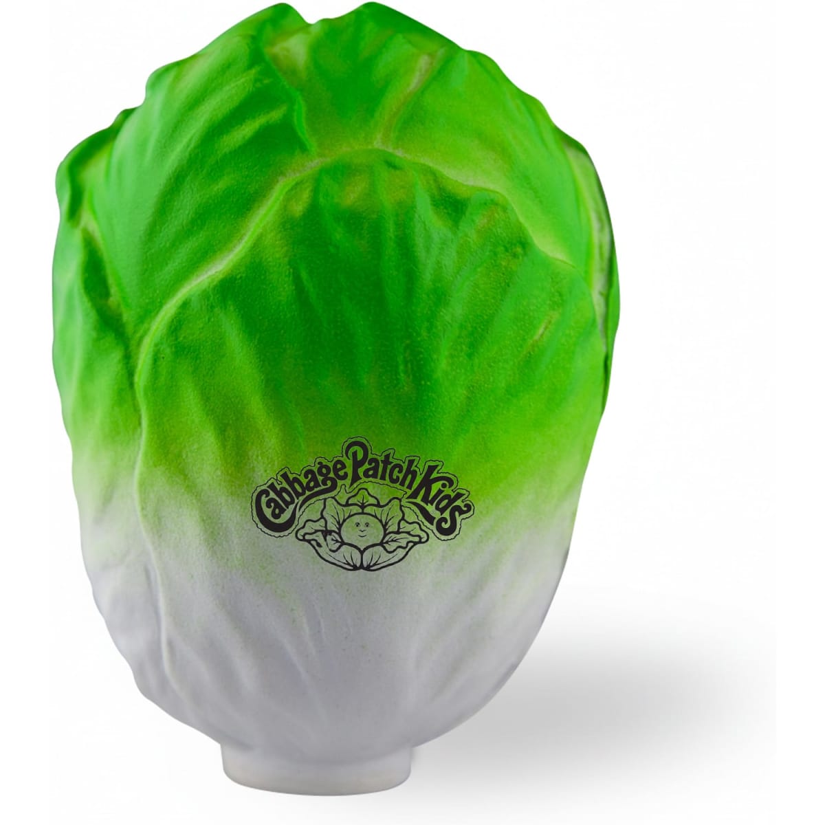 A green and white stress cabbage shaped like a vegetable, featuring a logo on the front.