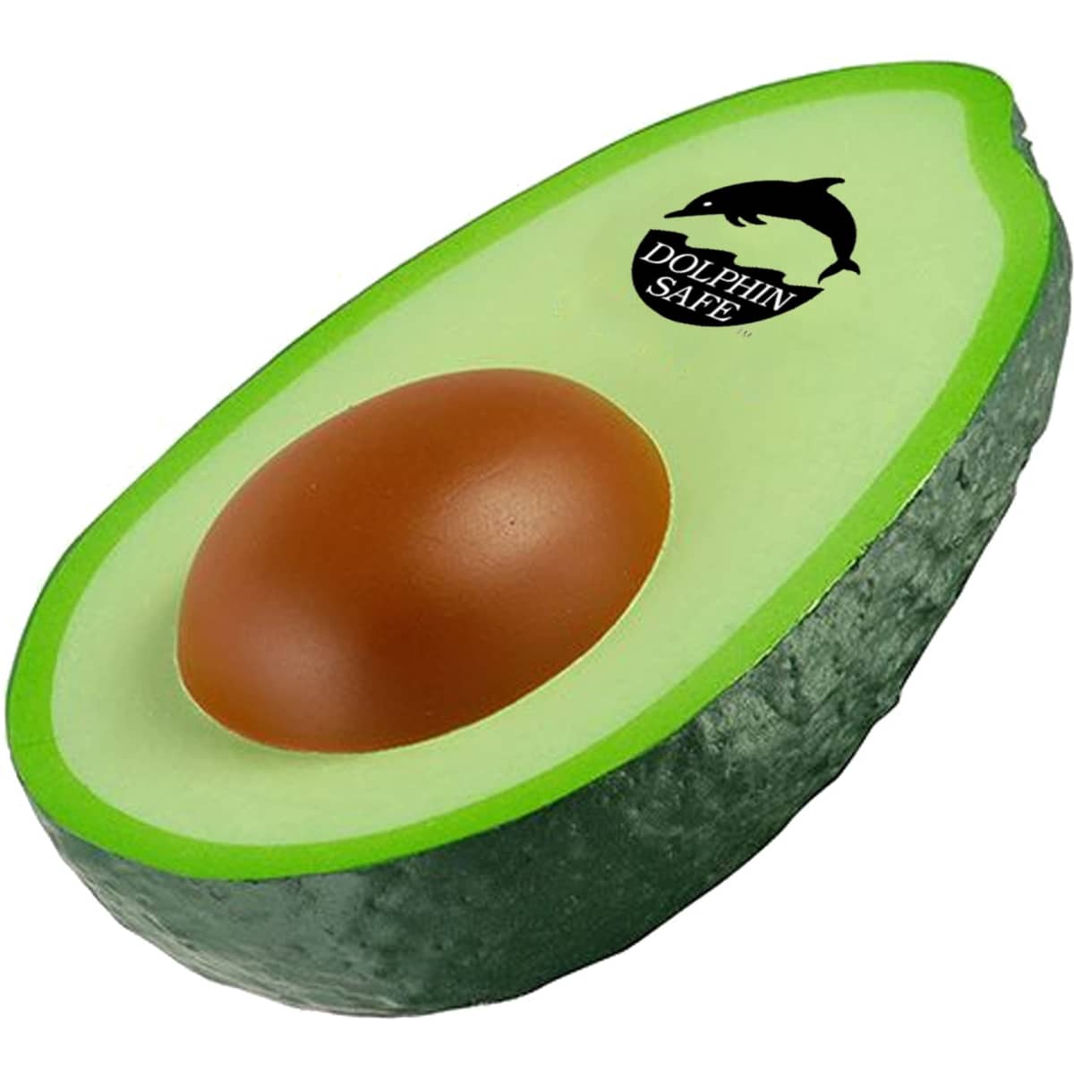 A stress avocado in green and brown, featuring a logo, resembling a halved avocado.