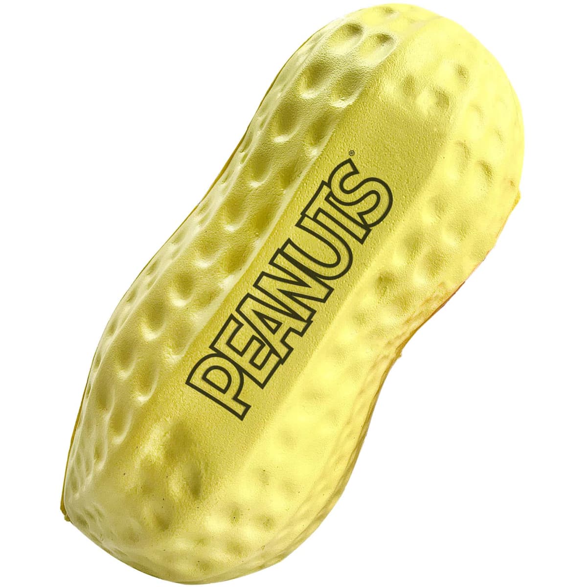 A yellow stress peanut with a textured surface and branding on one side, designed for fun and stress relief.