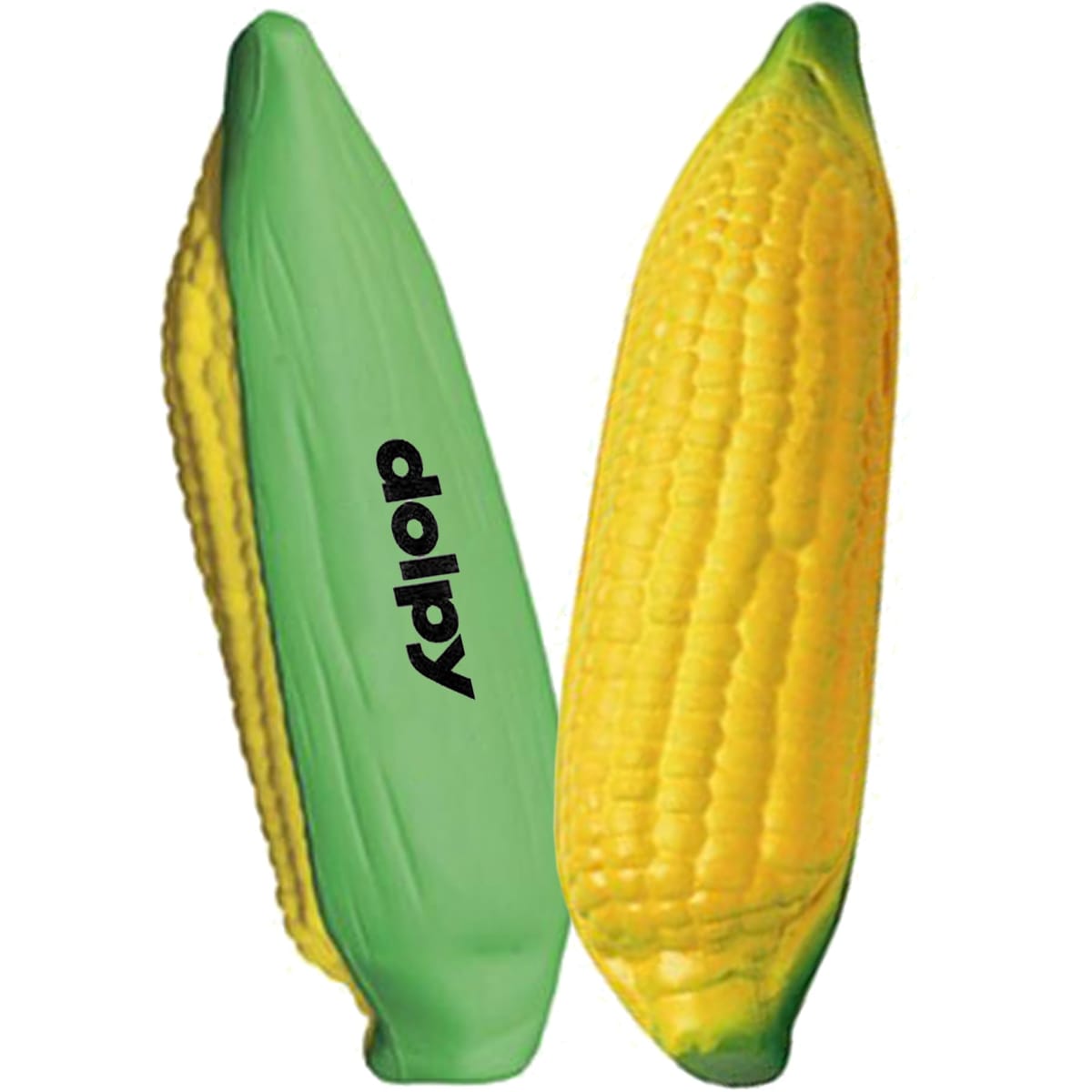 A stress toy shaped like a corn cob, featuring yellow kernels and a green husk. Includes a logo.