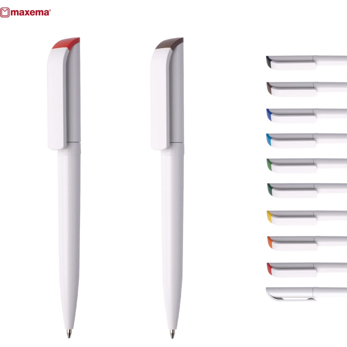 A collection of plastic pens in various colours, featuring a white body and a clip with contrasting caps.