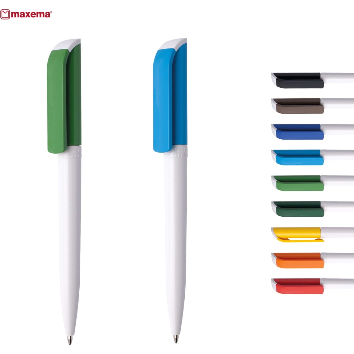 A collection of plastic pens featuring green and blue caps, with additional colours displayed alongside. Each pen has a white body.