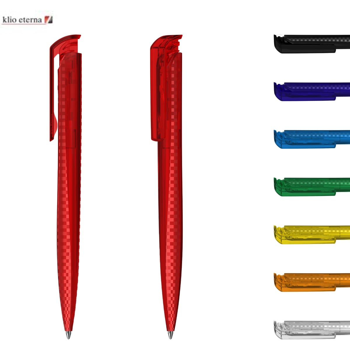 Transparent plastic pens in various colours, including red, blue, green, yellow, and black, with branding visible.