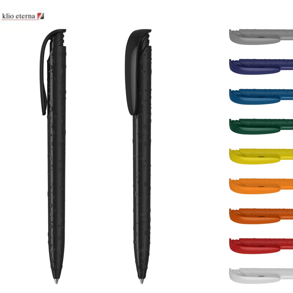 A high-gloss black plastic pen with a matching clip, accompanied by pens in various vibrant colours.
