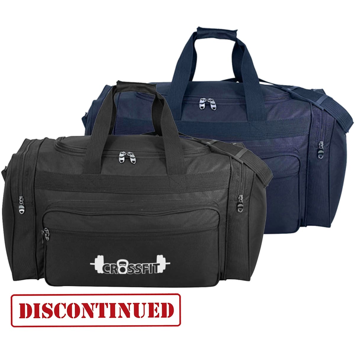 Two duffle bags in black and navy, featuring multiple pockets and a logo, with a prominent label indicating discontinued status.
