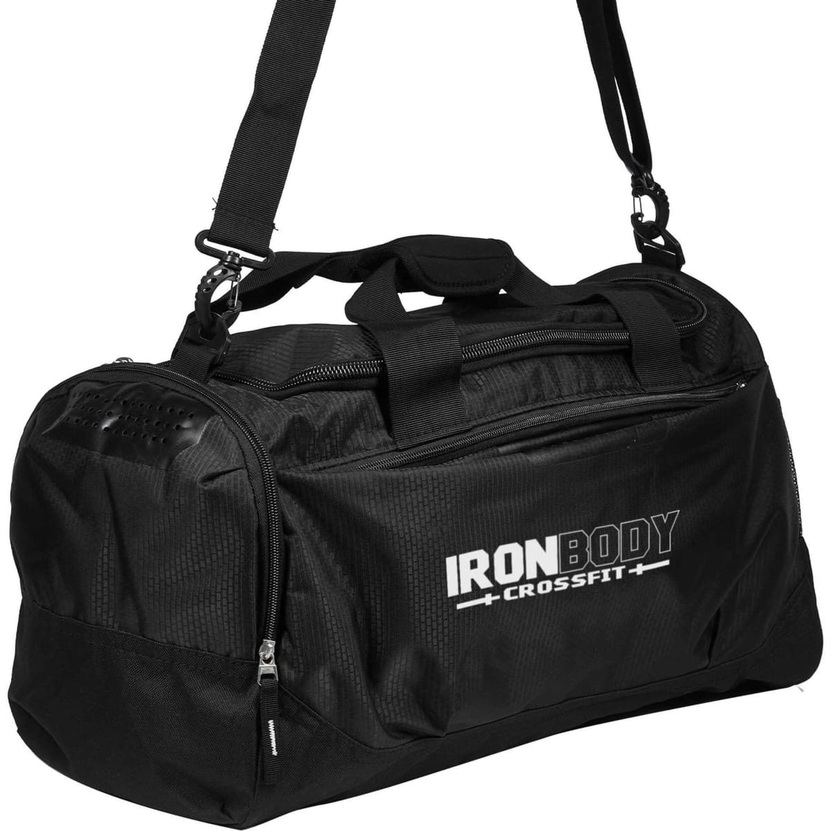 A black duffle bag with a shoulder strap, featuring a logo and multiple compartments.