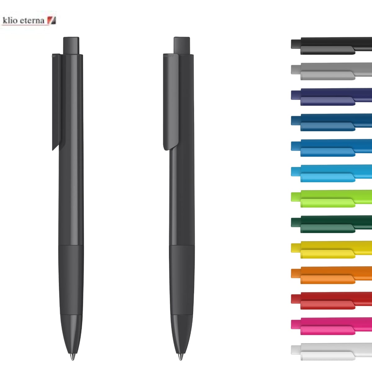A black plastic pen with a clip, displayed alongside various coloured pen options. Includes a branding logo.