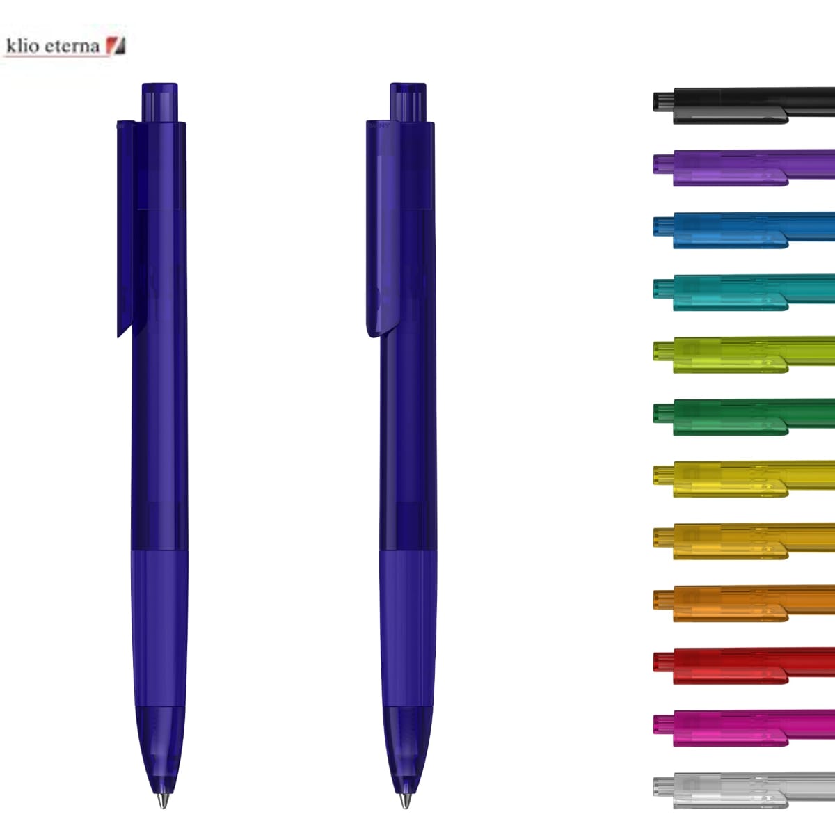 Transparent blue plastic pens with a clip, accompanied by a selection of pens in various colours.