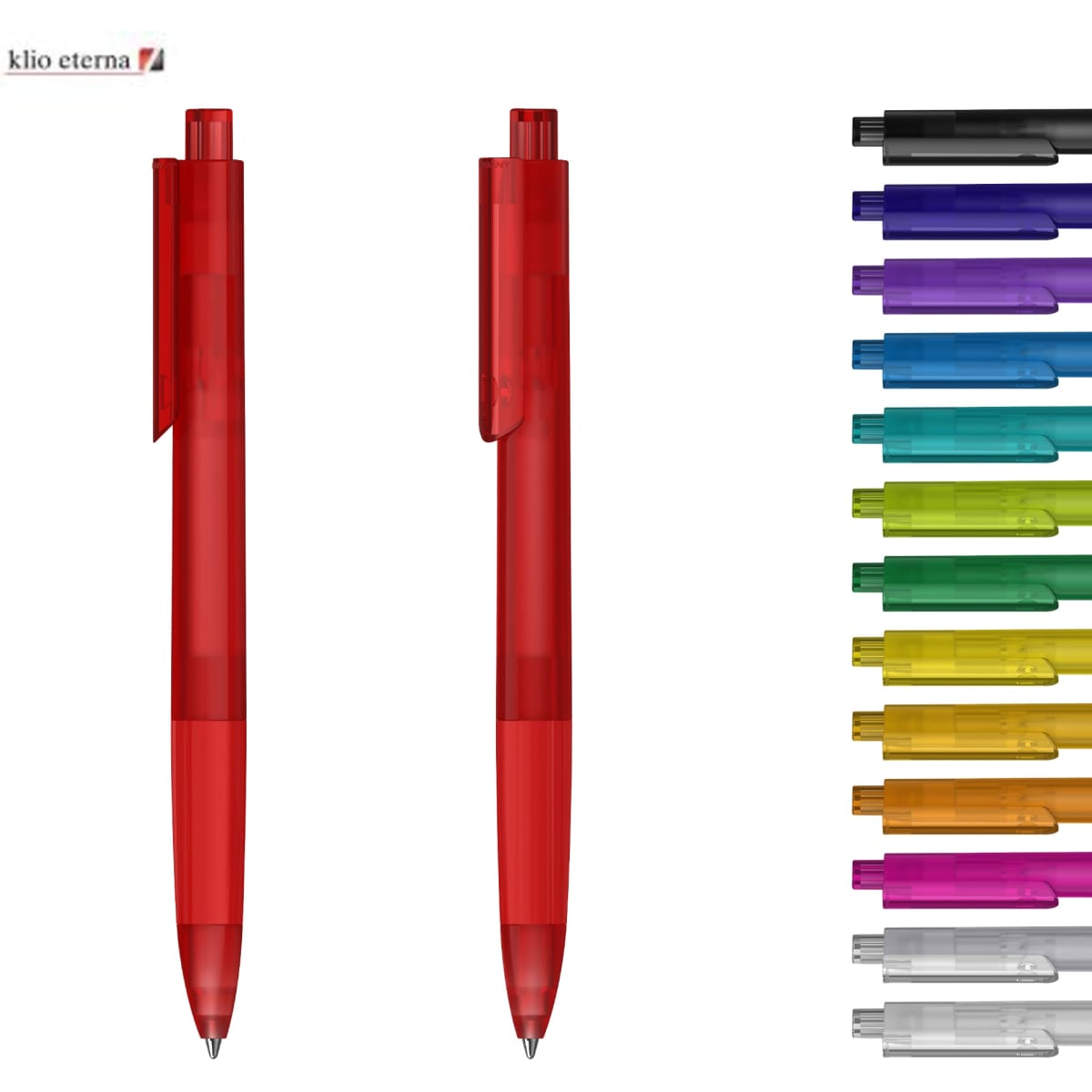 Two transparent red plastic pens are displayed, alongside a variety of other coloured pens in a range of hues.