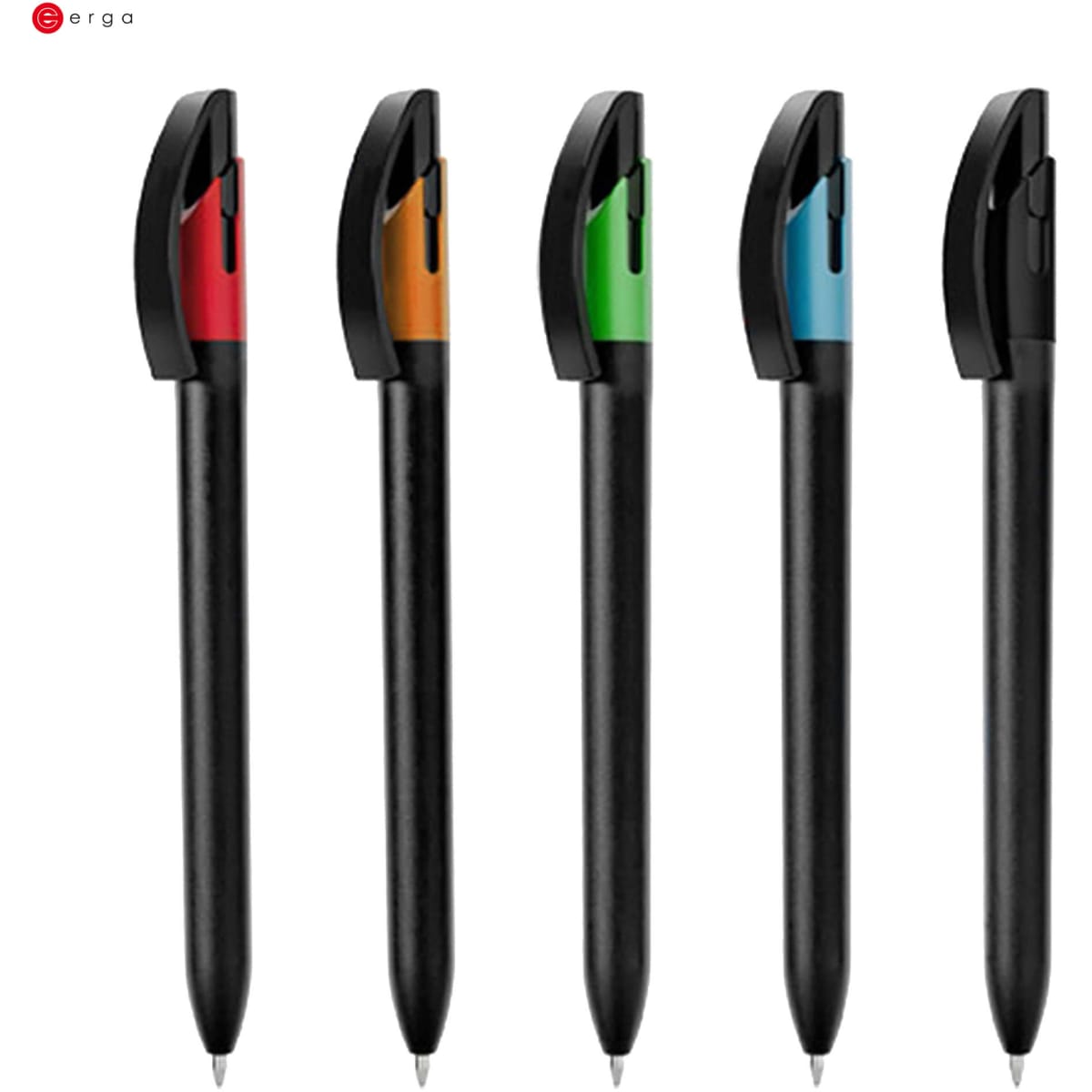 A set of plastic pens in black with coloured grips in red, orange, green, and blue. Each pen has a logo.