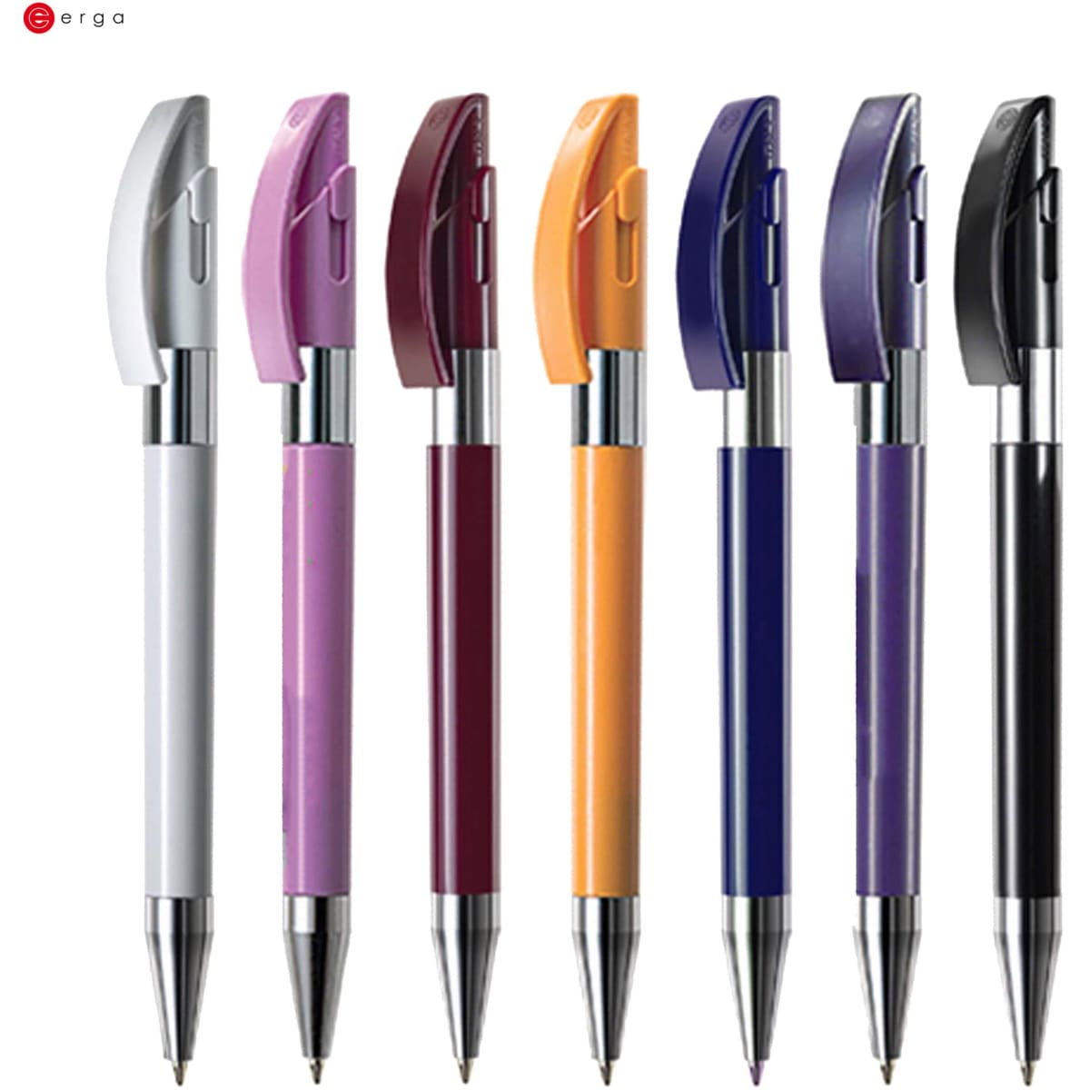 A collection of seven metal pens in white, purple, burgundy, orange, dark purple, blue, and black, featuring a logo.