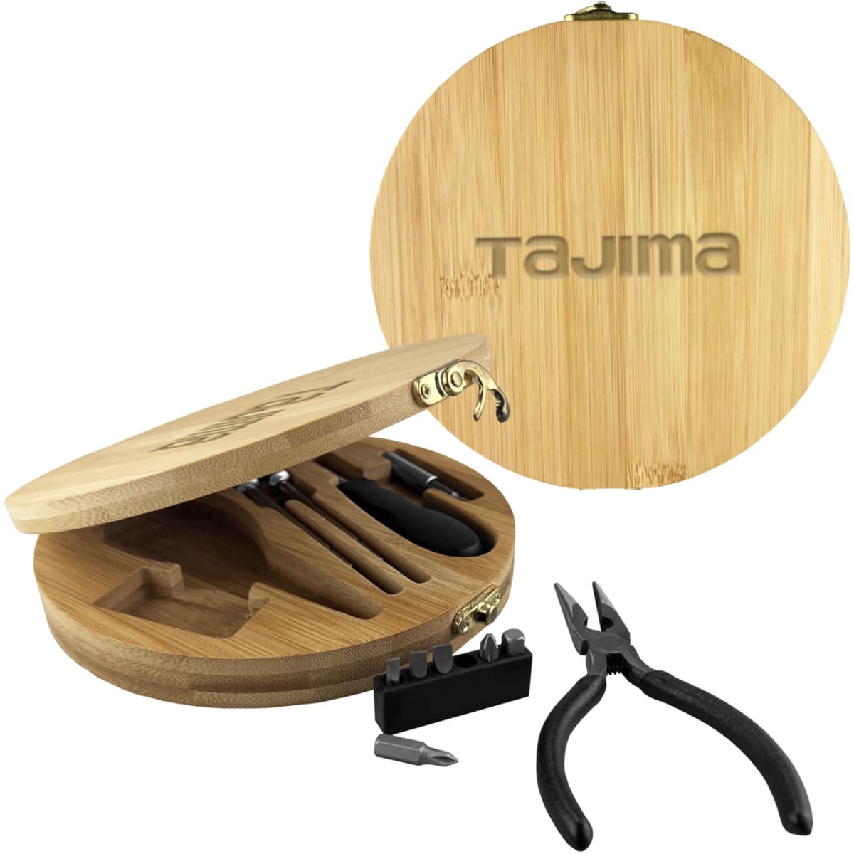 A bamboo toolkit with various tools, including pliers and screwdriver bits, in a circular wooden case featuring a logo.