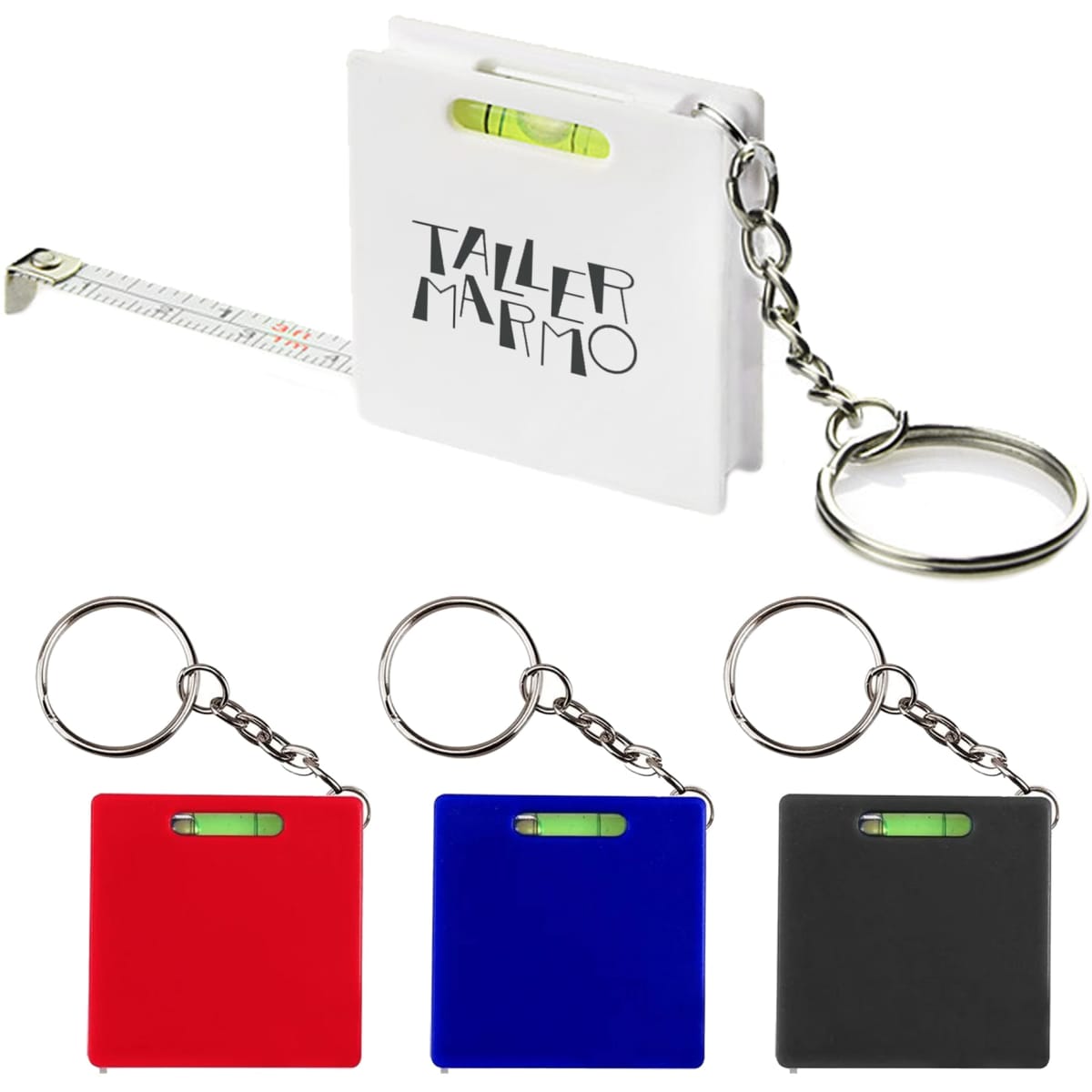 A leveller tape measure in white, red, blue, and black, featuring a keyring and a built-in spirit level.
