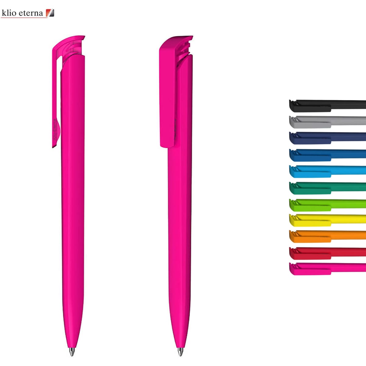 Two pink plastic pens are displayed, next to a range of pens in various colours, with a logo on the top left.