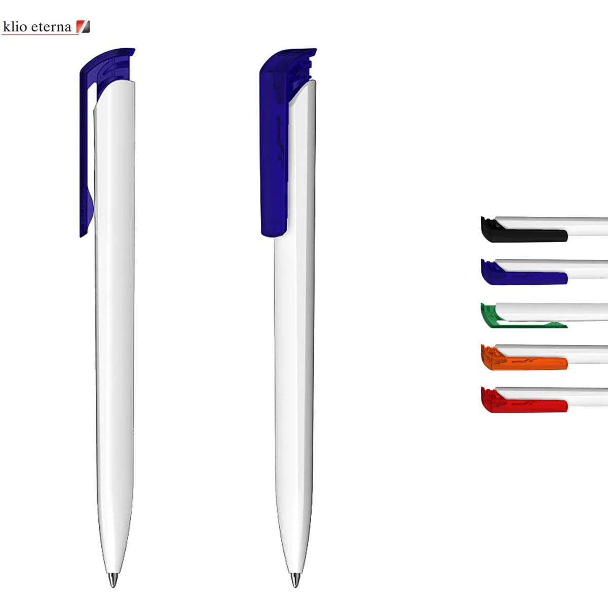 A collection of plastic pens in white with coloured clips, including blue, orange, green, black, and red. Features branding.