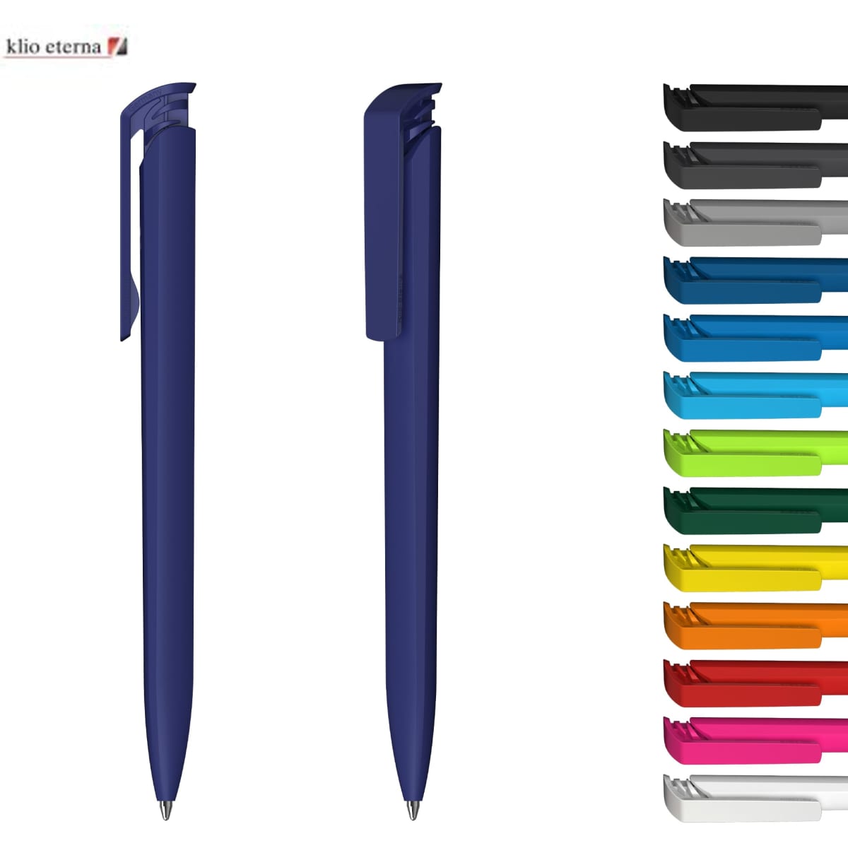 A blue plastic pen with a clip alongside a variety of coloured pens in different shades. Features a logo.