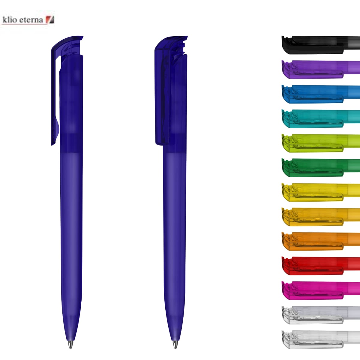 A selection of transparent plastic pens in various colours, featuring a logo on the top. Two pens are prominently displayed in blue.