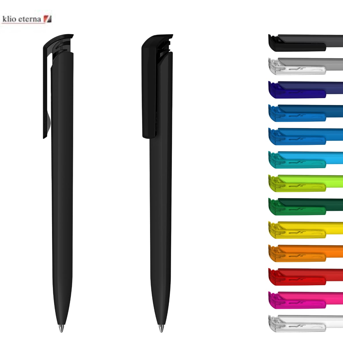 A black plastic pen with a sleek design alongside a range of colourful pens including blue, green, orange, and pink.