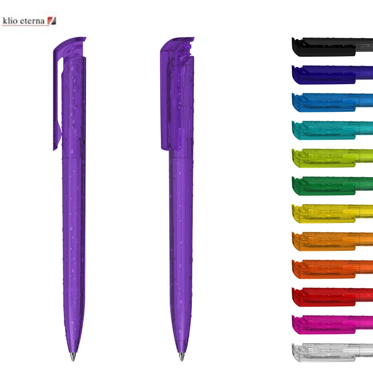 A transparent purple plastic pen with a clip, alongside various other colourful pens in different shades.
