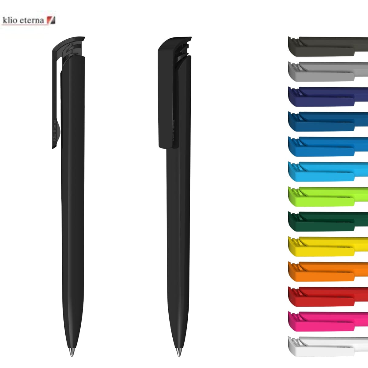 A collection of plastic pens in various colours with a black pen featured prominently. The image has a logo.