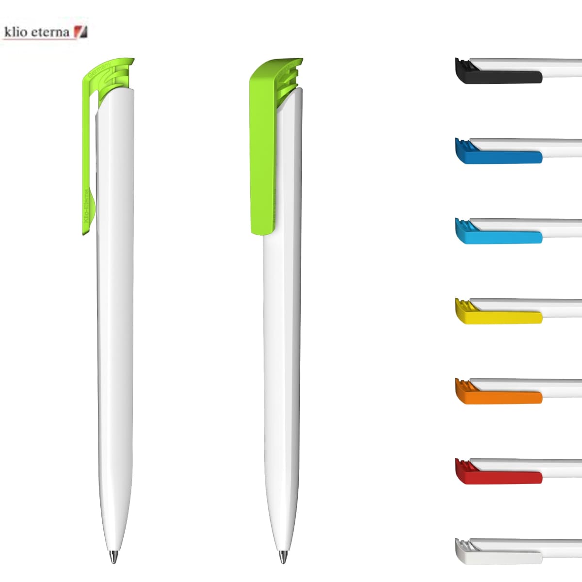A set of plastic pens featuring a white body with colourful clips, including green, blue, orange, and red.