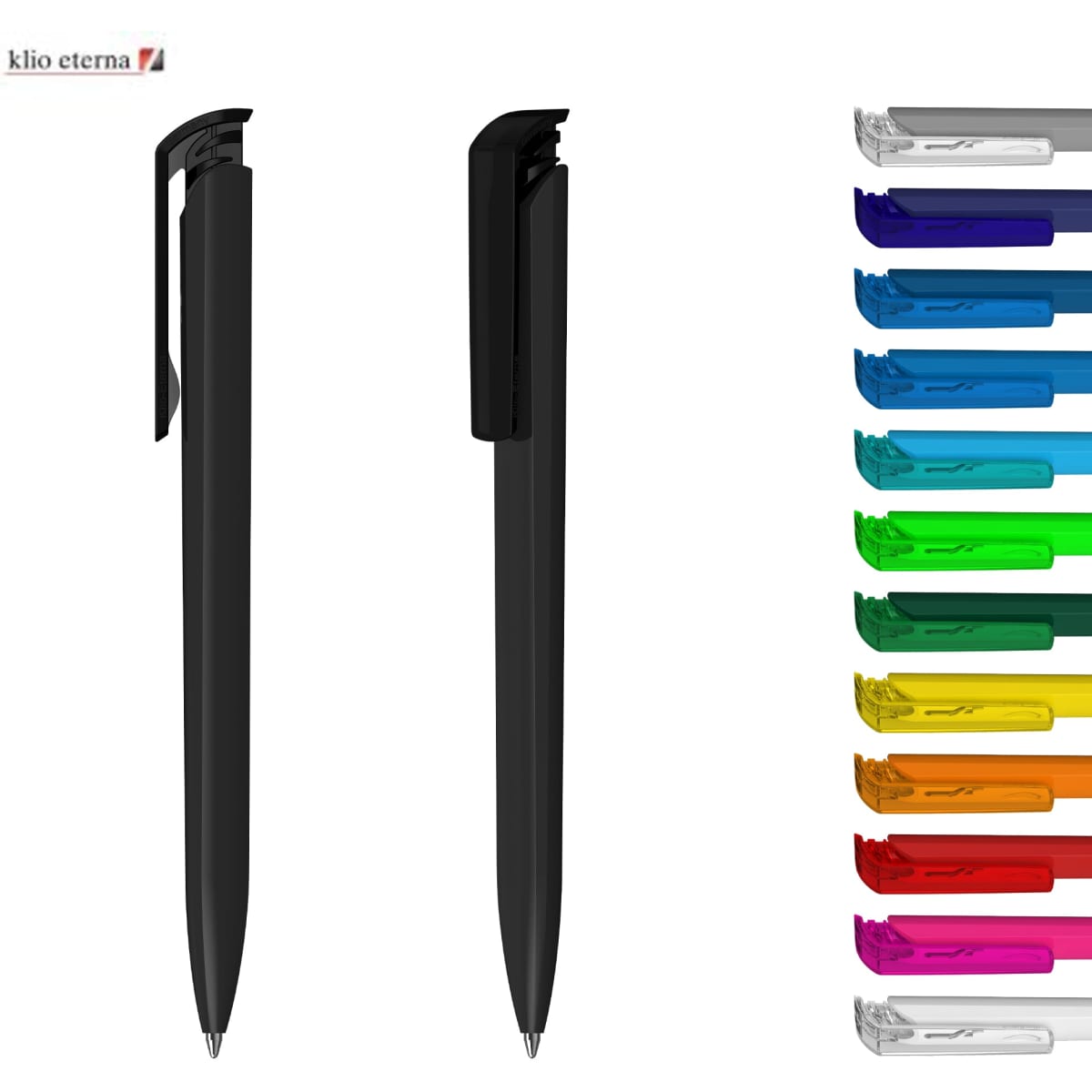 A plastic pen in black, displayed alongside a range of colourful pens. Each pen has a clip and features a logo.