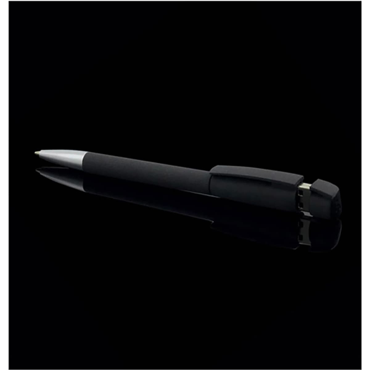 A black USB pen with a soft grip, featuring a silver accent and a logo.