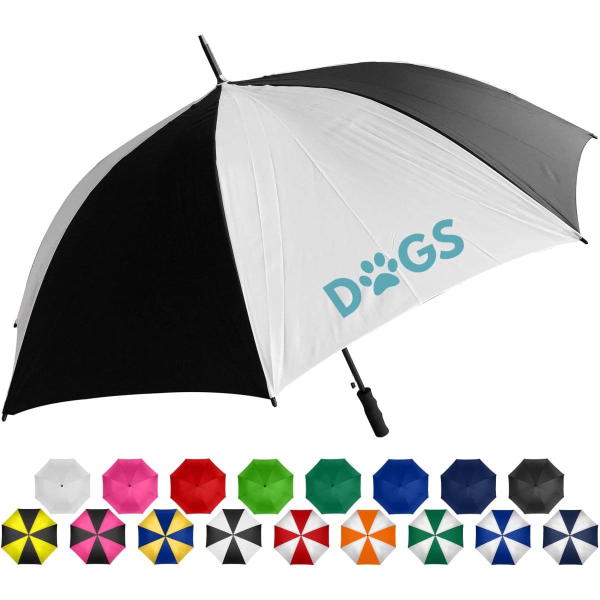 A black and white golf umbrella with a large handle, featuring a logo, alongside assorted coloured umbrellas.