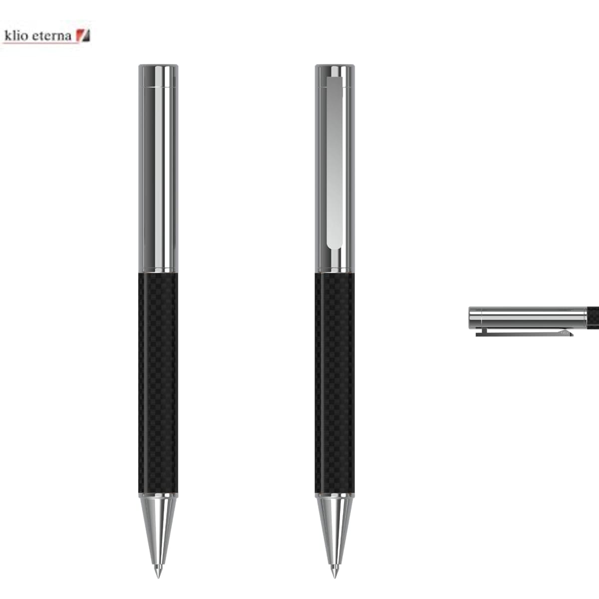 A metal pen featuring a sleek design with a black carbon grip and shiny chrome accents. The pen has a branding logo.