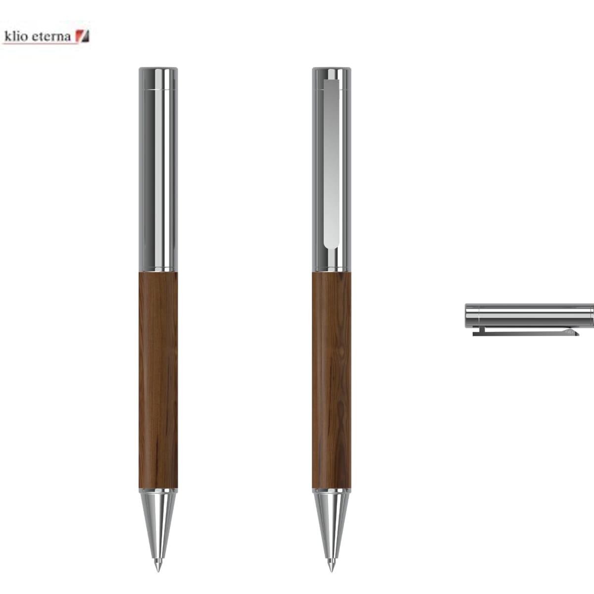 A metal pen featuring a polished silver finish and a dark wood grip, with a clip and branding logo.