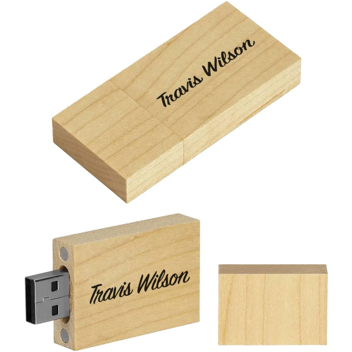 A bamboo USB flash drive in natural wood colour, featuring a branding logo on the surface.