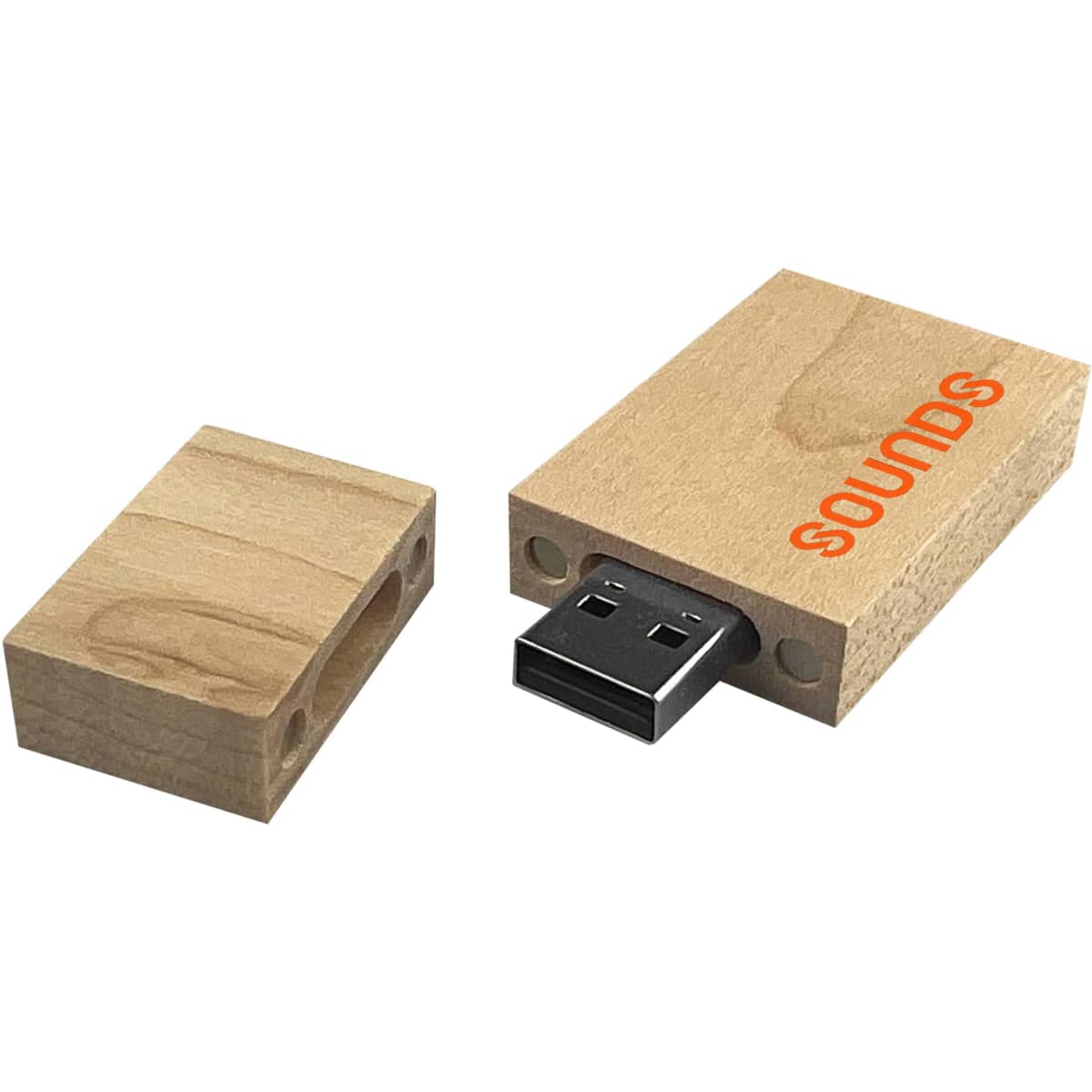 A bamboo USB flash drive with a wooden casing, featuring an exposed USB connector and a removable lid.
