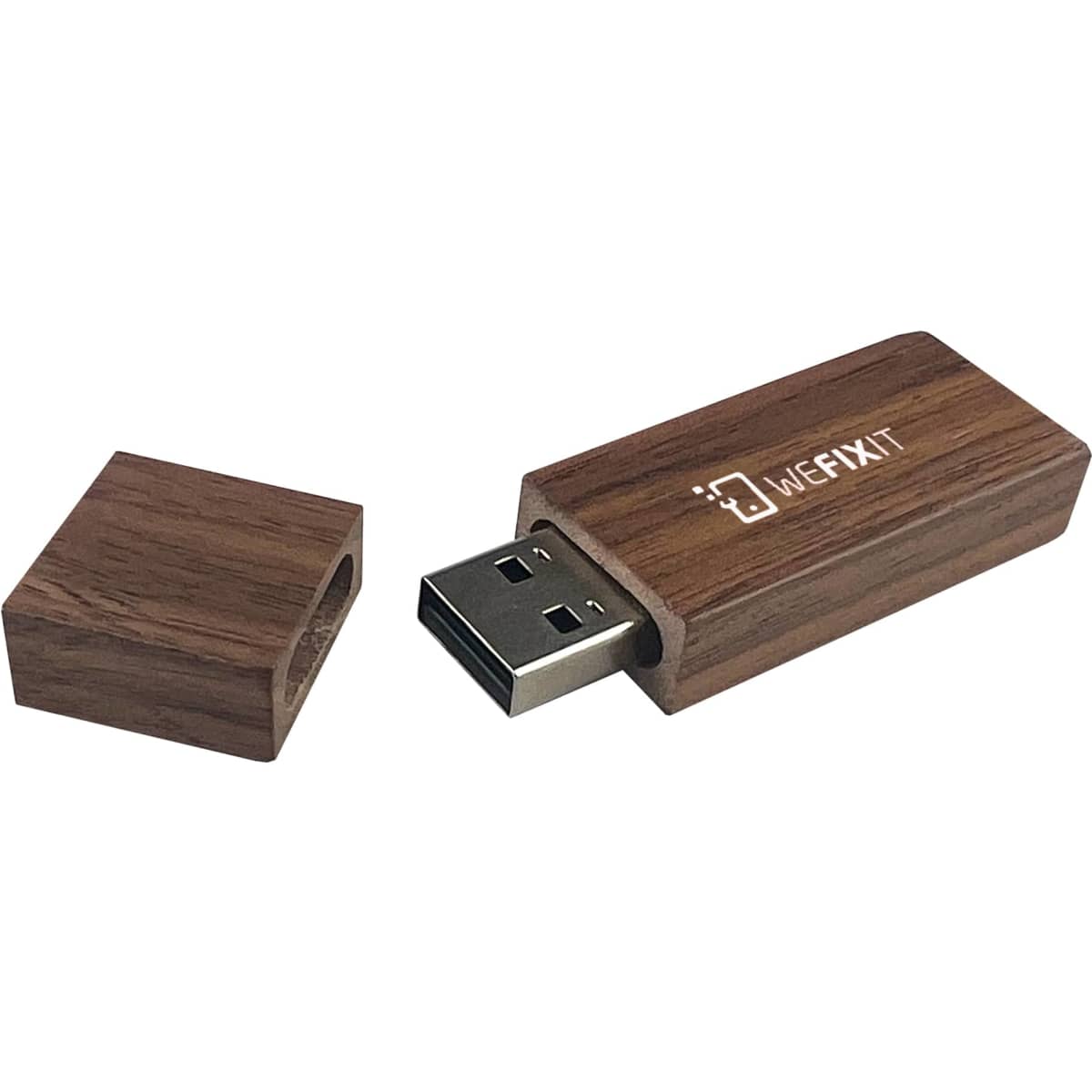 A wooden USB flash drive in brown with a removable cap, featuring a logo on its surface.