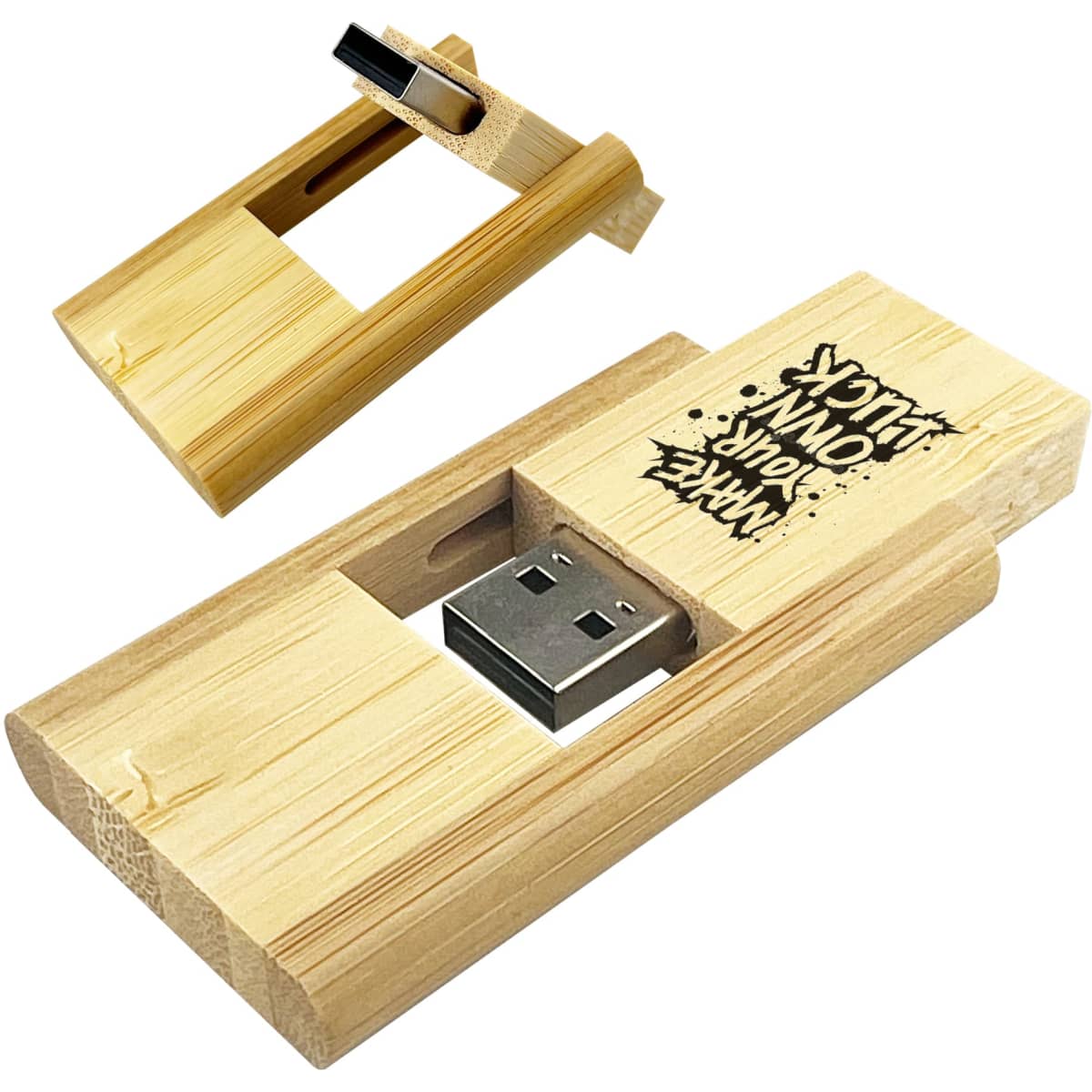 A bamboo USB flash drive in a wooden case, featuring a USB connector and a logo. The product is 32GB in capacity.