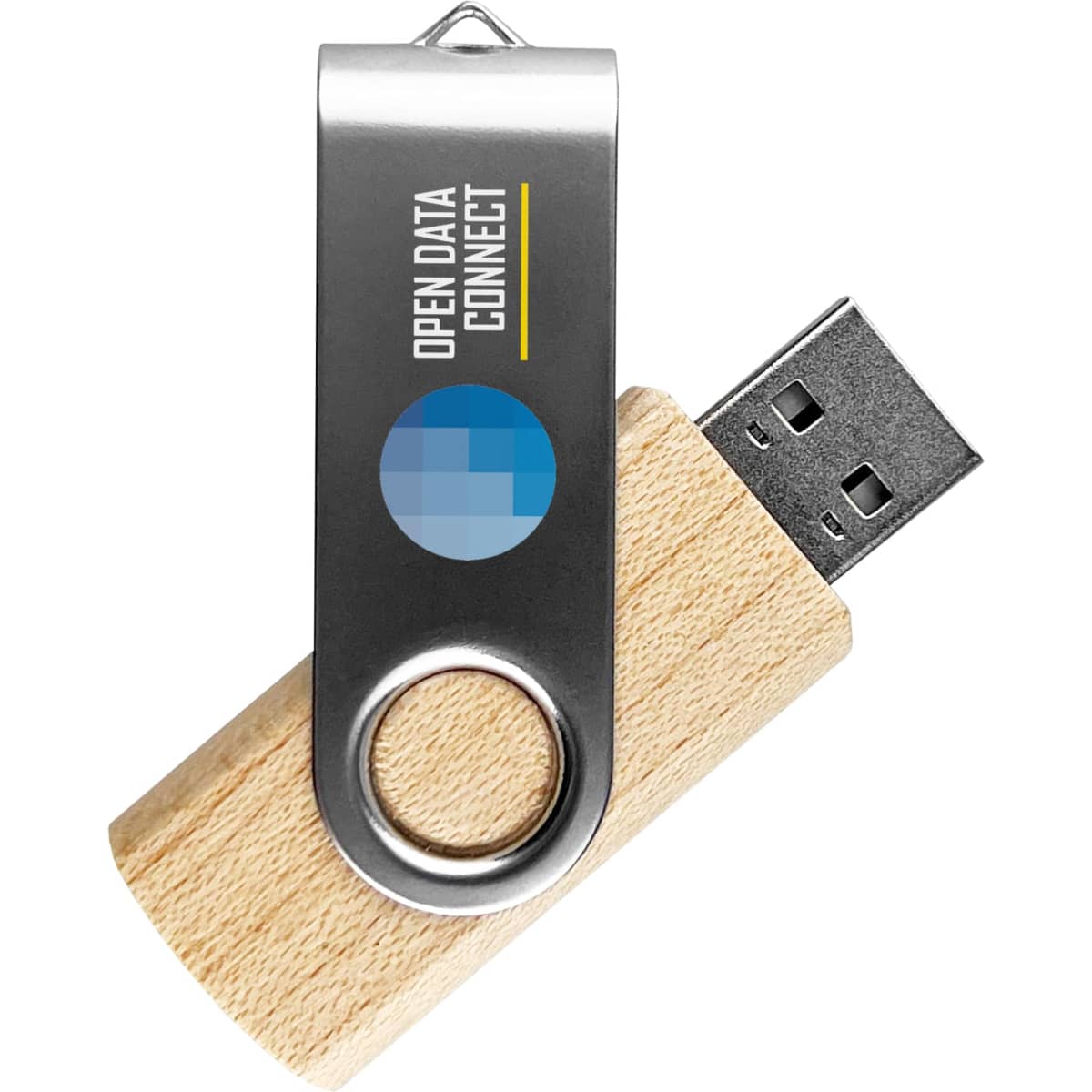A silver and bamboo USB flash drive, featuring a metal swivel design and a branding logo.
