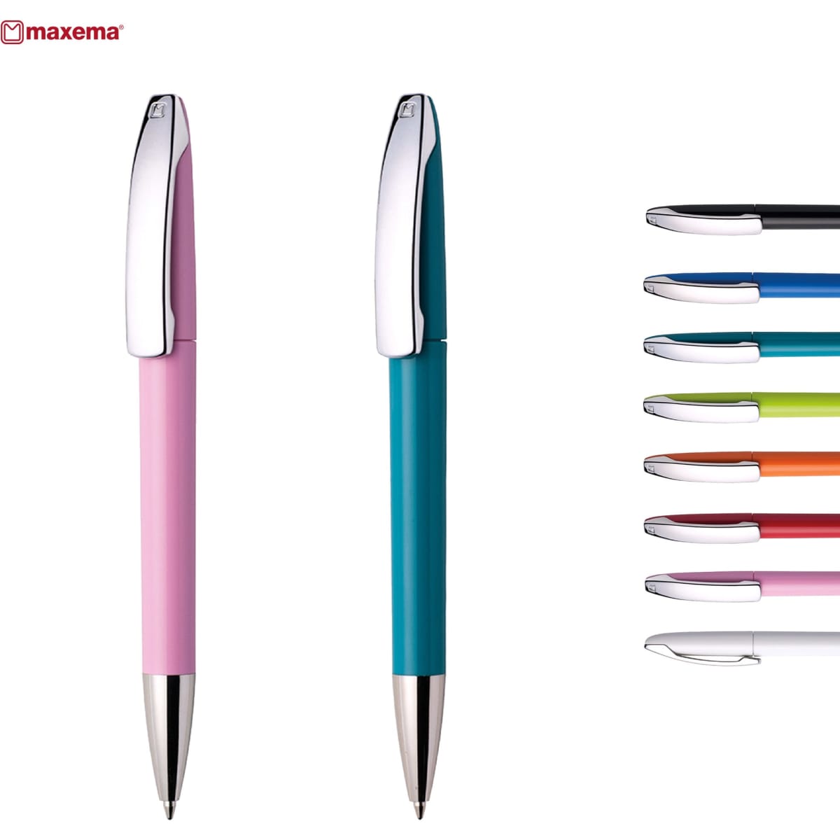 Two pens in pink and teal, alongside an assortment of pens in various bright colours, all featuring a silver clip.