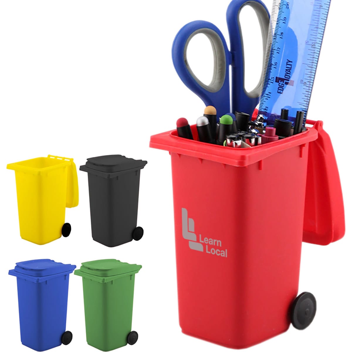 A red wheelie bin pen holder featuring scissors, pens, a ruler, and additional stationery items, with other coloured bins shown.