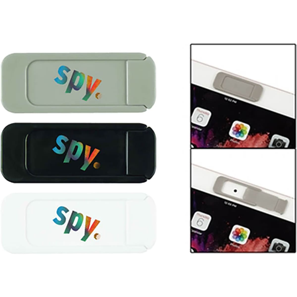 A set of three security webcam covers in grey, black, and white, featuring a logo on each.