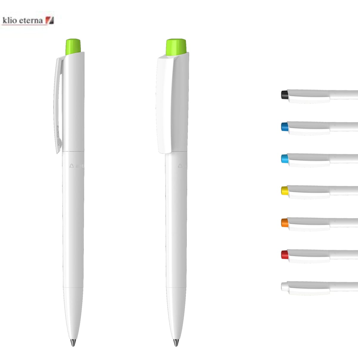 A white plastic pen with a green cap and clip, featuring multiple ink refills in various colours. It has a simple branding logo.