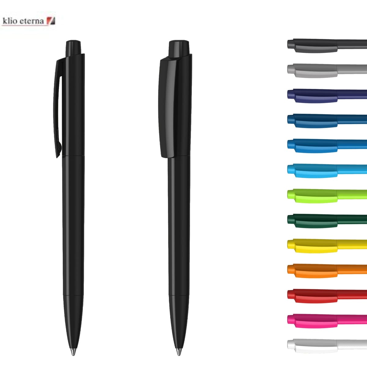 A set of plastic pens, primarily in black, alongside various coloured options like blue, green, and orange. The image includes a logo.