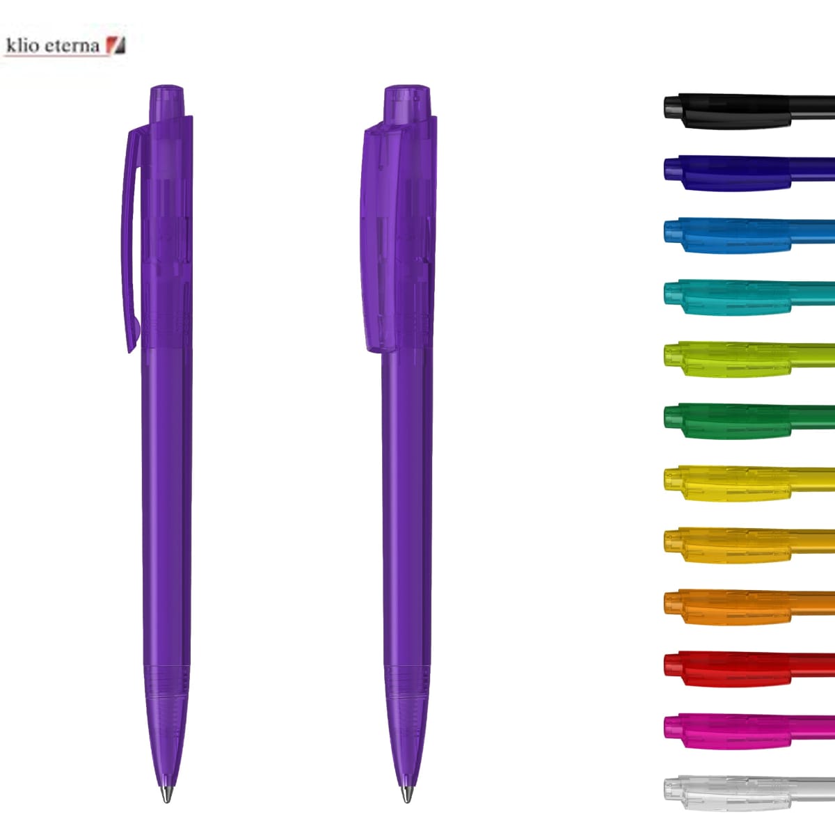 A transparent purple plastic pen with a clip, accompanied by various other coloured pens in a row.