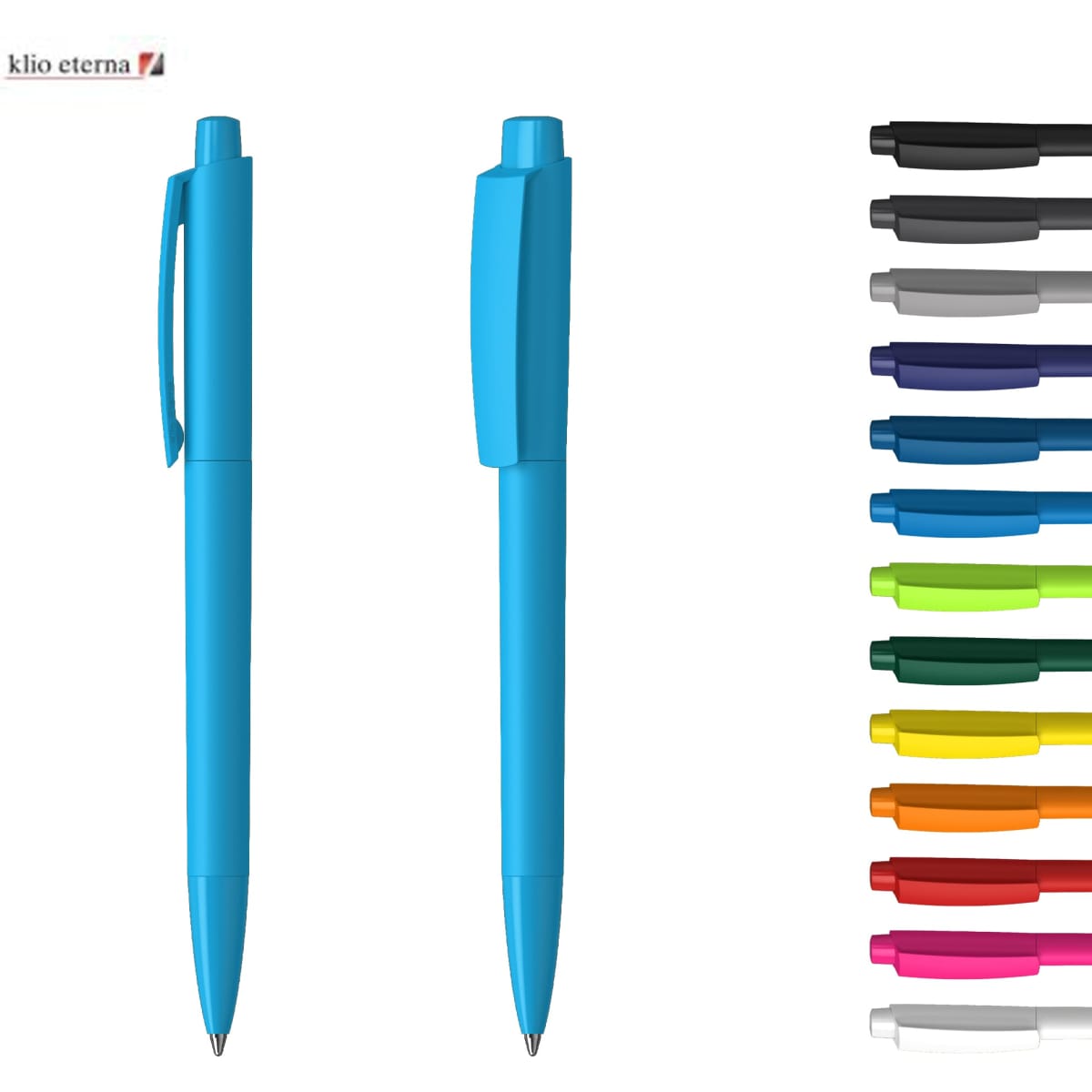 A blue plastic pen featuring a clip, accompanied by a variety of other coloured pens. Includes a logo.