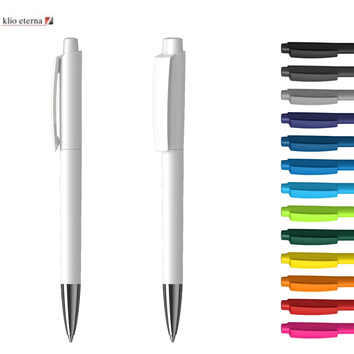 A metal pen in white with a shiny finish, featuring a clip and a variety of ink colours displayed alongside.