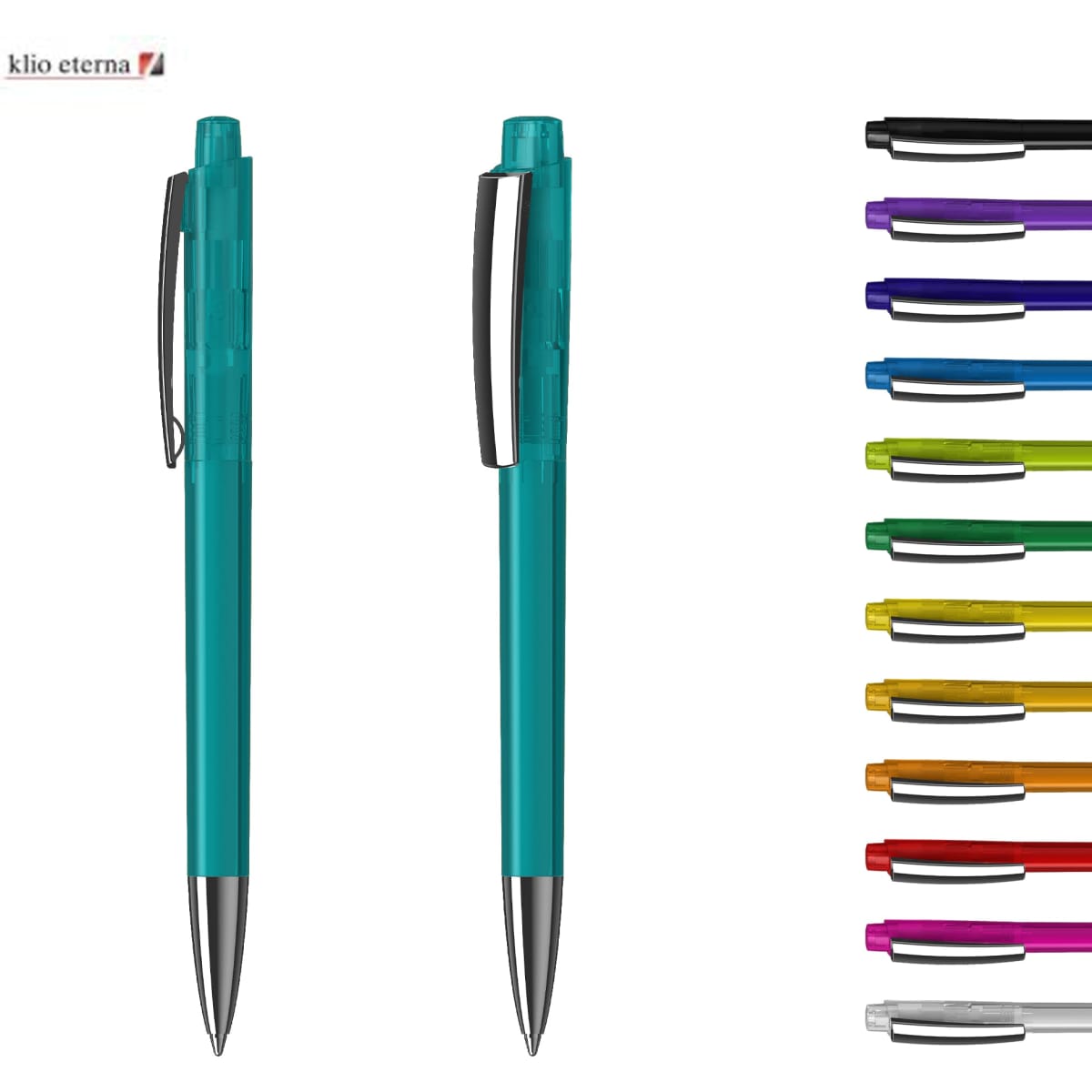 A transparent turquoise plastic pen with a silver clip, alongside a variety of coloured pens. It features a logo.