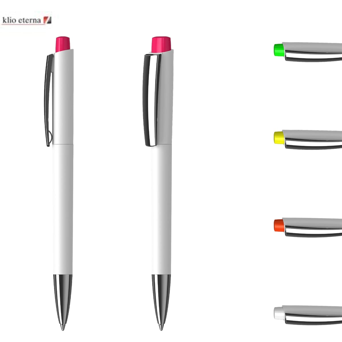 A plastic pen with a white body and glossy finish, featuring a pink top and chrome accents. Includes multiple colour options.