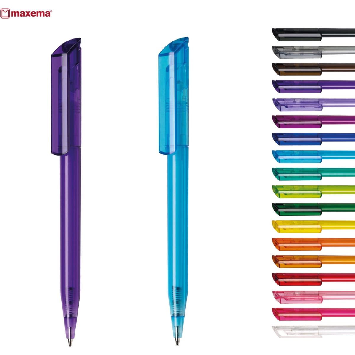A collection of plastic pens in various colours, featuring purple and blue pens prominently, along with a selection of other shades.