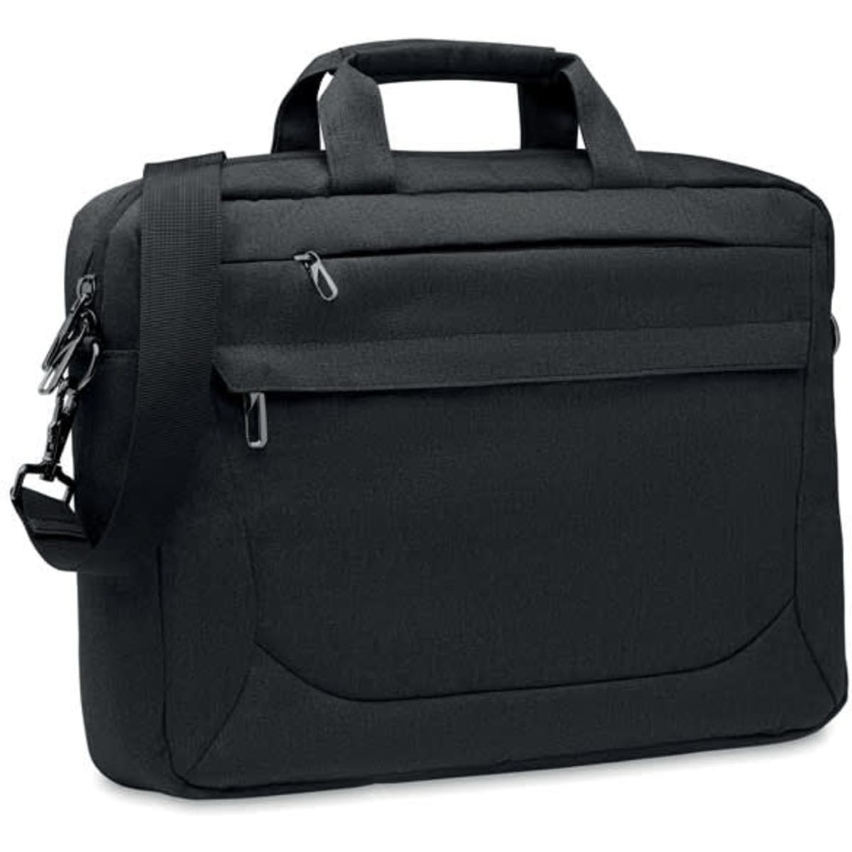 A black laptop bag with dual handles and a detachable shoulder strap, featuring multiple zippered pockets.